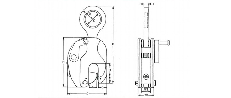 RS型豎吊鋼板鉗結構尺寸圖